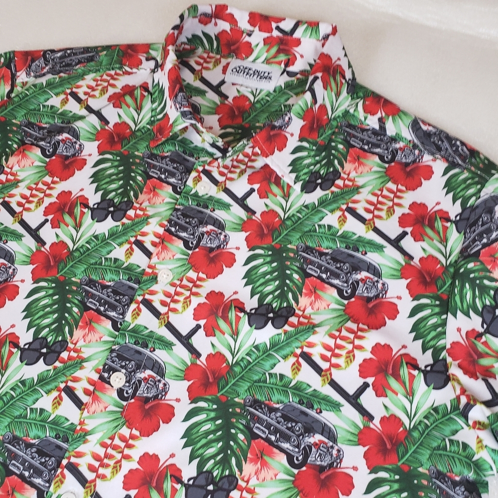 Off-duty Outfitters Men's Large POLICE Themed HAWAIIAN Floral ALOHA SHIRT Beach
